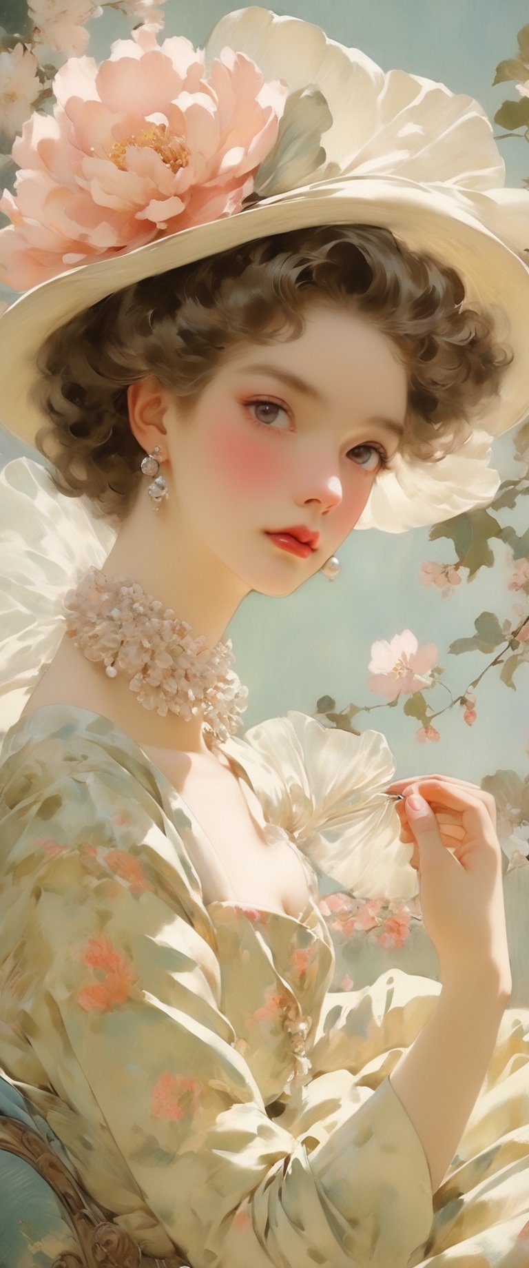 Very beautiful, perfect face, rococo masterpiece, soft colors, insanely detailed portrait beauty style Coby Whitmore, Christian Dior, Fragonard, Edmund Dulac, ball gown, jewelry, calligraphic, dainty, ornate, flirtatious pose. Delicate face, sakura fascinator, garden of delights, beautiful patterns, fairytale background.

