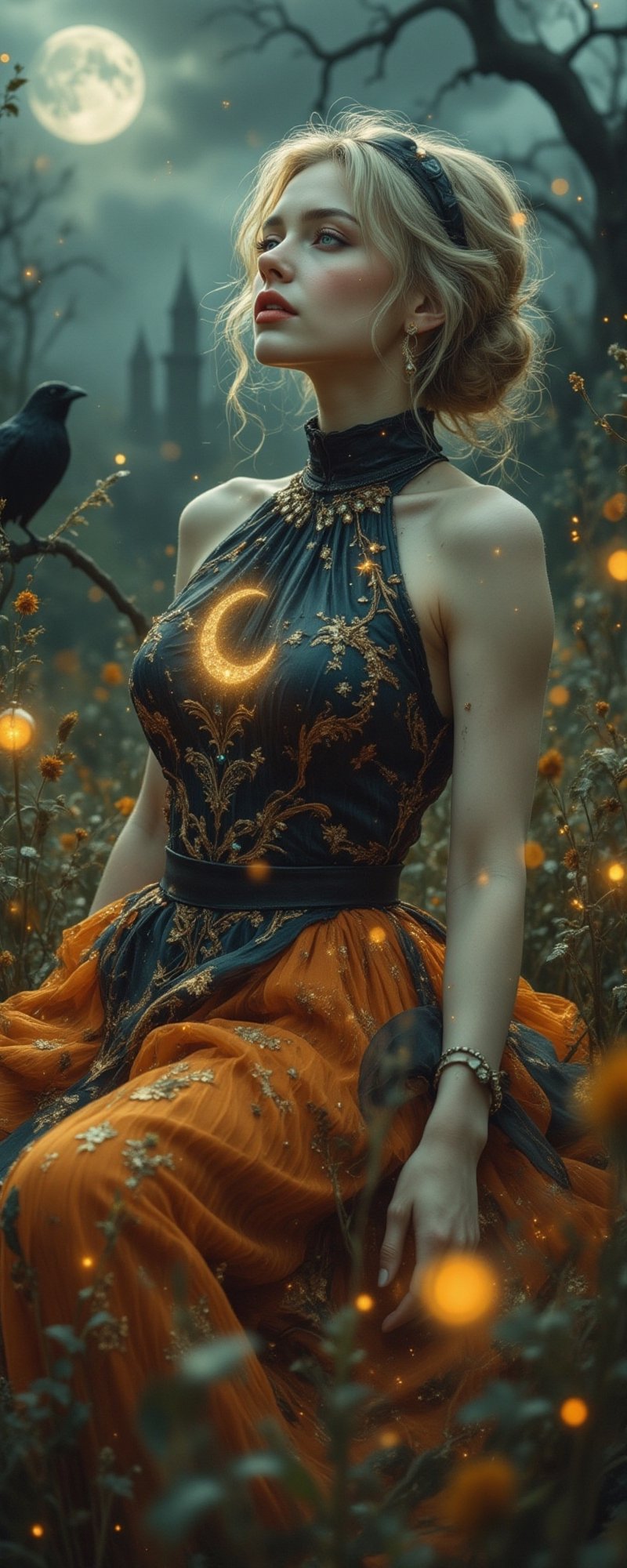 Ultra-realistic 8K surreal fashion portrait in Peter Lindbergh photography style with dramatic gothic atmosphere. An ether...