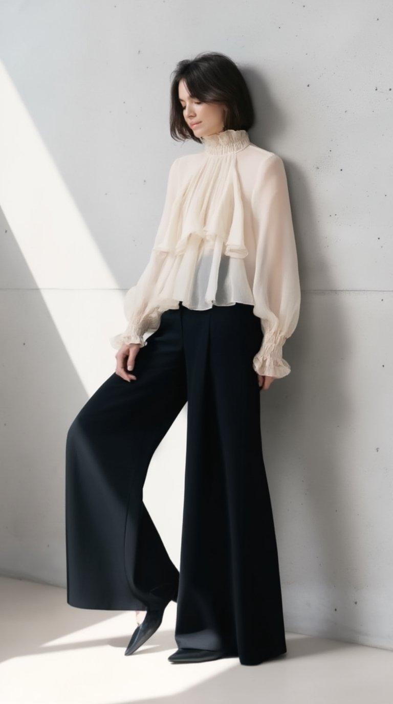 A high-end editorial fashion photo of a 20yo short tousled bob woman leaning against a minimal concrete wall,  full-body v...