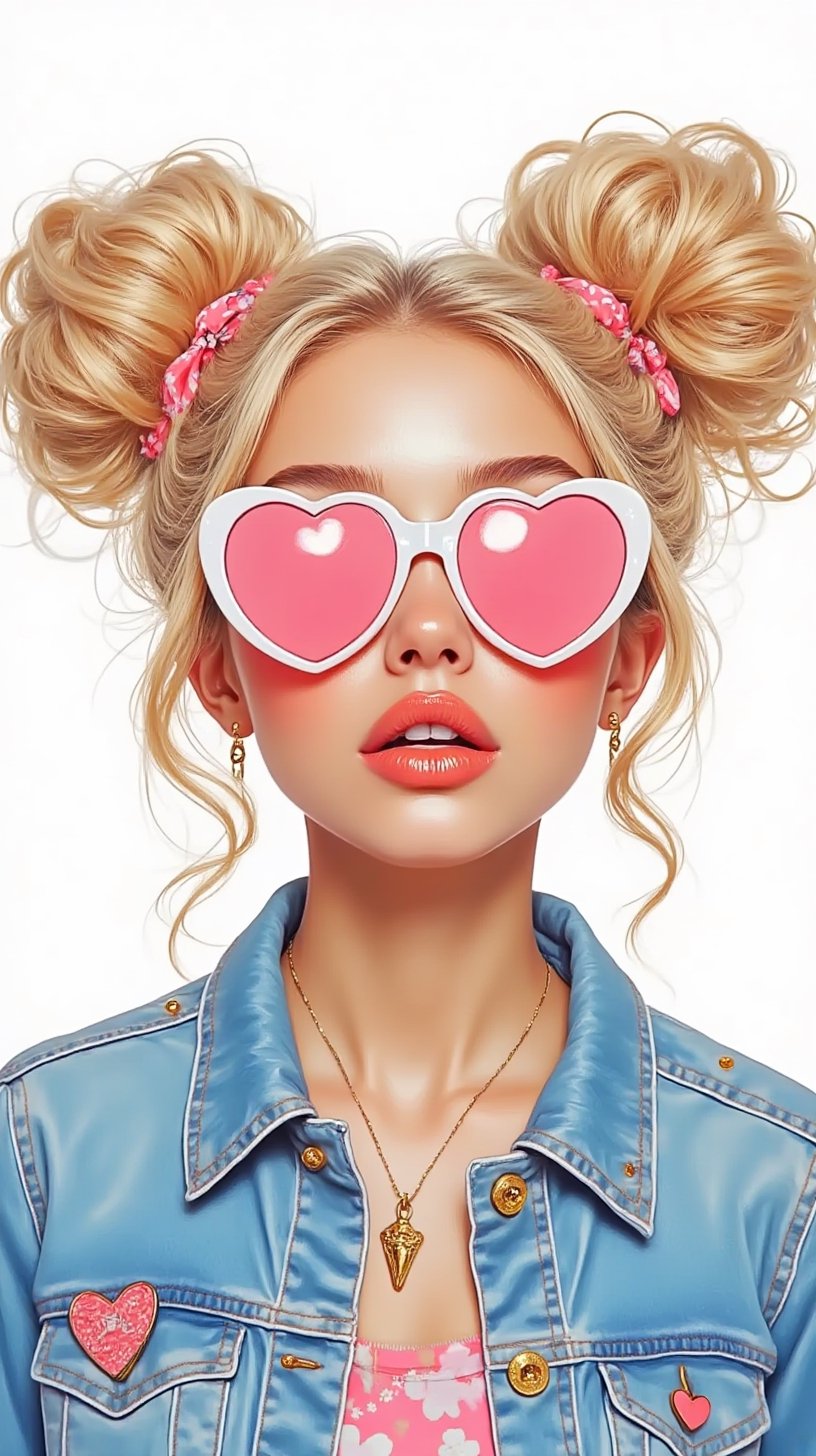 8k acrylic abstract of a beautiful girl with pink heart-shaped sunglasses white rim,  curly blonde hair tied into two loos...
