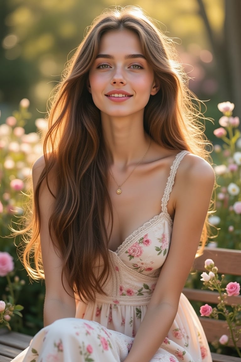 A beautiful young woman with long flowing brown hair,  sitting on a garden bench,  hands gently folded in front of her che...