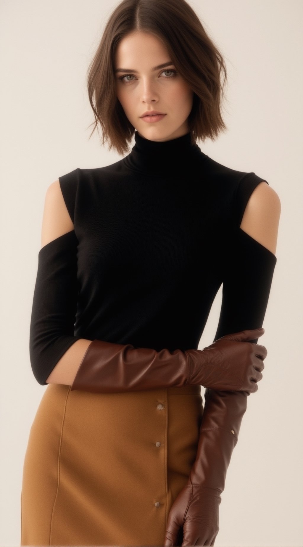 A high-fashion editorial portrait of a brunette woman with shoulder-length bob hair,  sleek and softly textured. She has s...