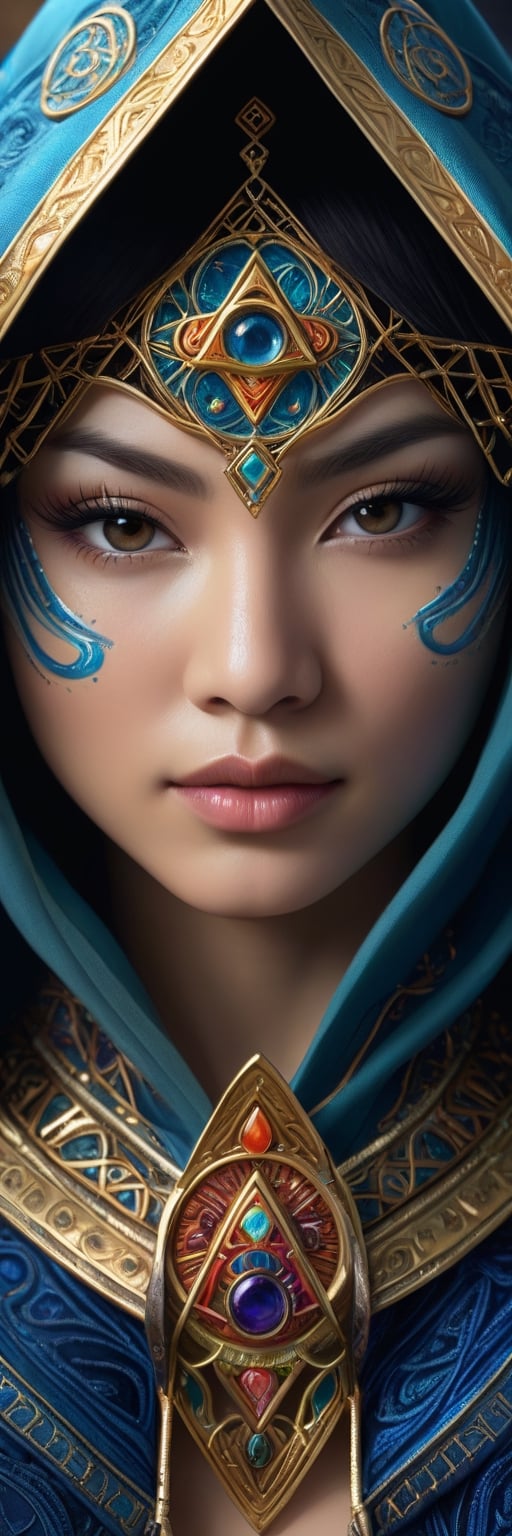 Full facial mask on a hooded female magician warrior adorned with asymmetric designs,closeup portrait, macro photo of miki asai, interwoven arcane and illuminati symbols including Eye of Horus, vibrant hues, hyperdetailed, elaborate craftsmanship, mysterious aura, digital painting, digital illustration, extreme detail, 4k, ultra HD.