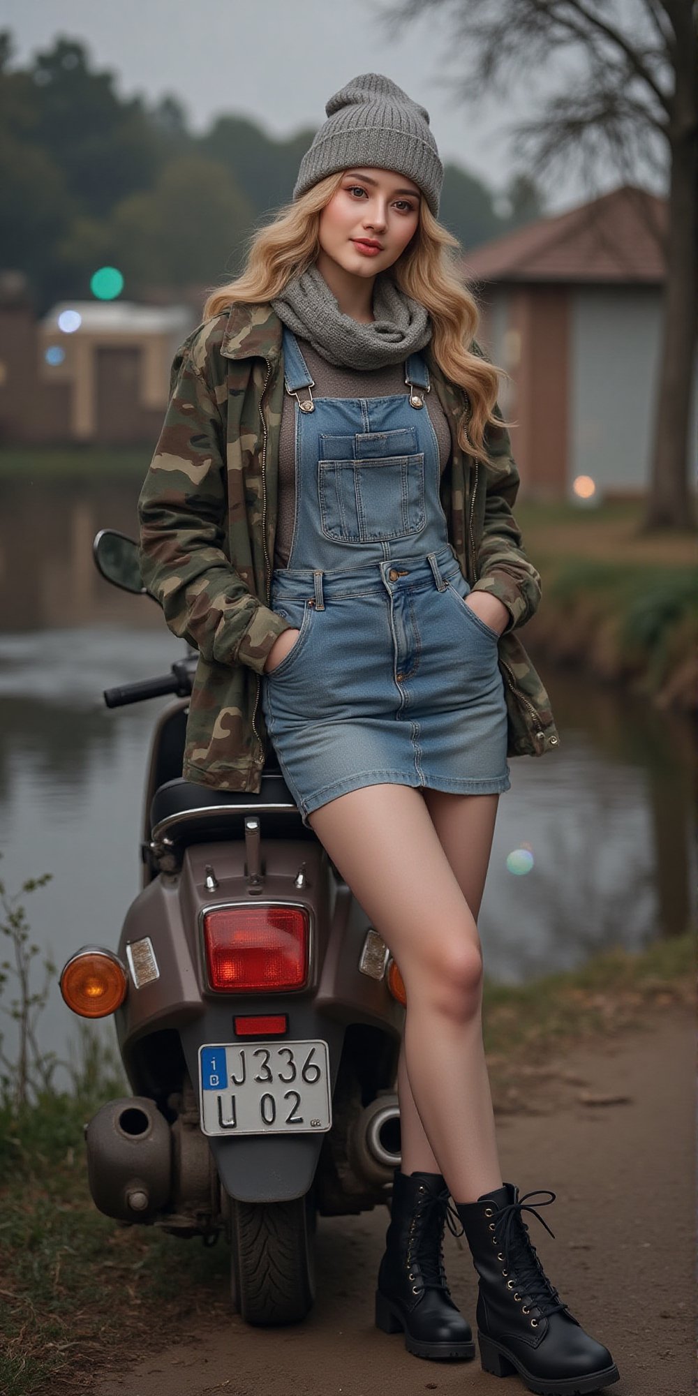 Striking supermodel stands confidently with legs slightly apart,  hands in pockets,  and a hint of nonchalance as she lean...