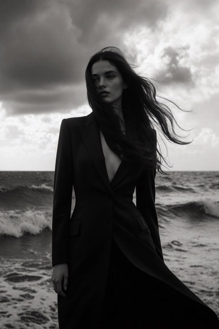 A stunning black and white portrait of a dark-haired woman standing by the windy sea,  her long hair flowing dramatically...