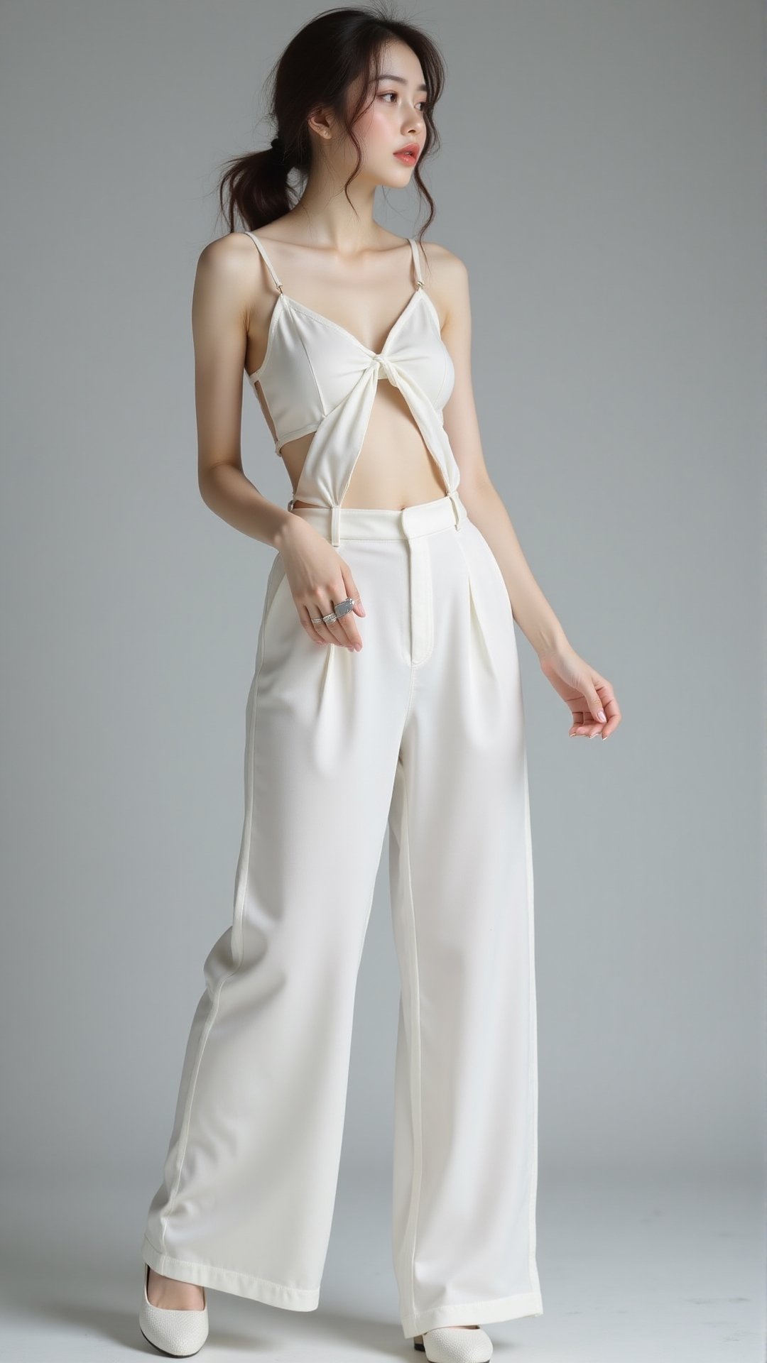 A beautiful young Asian woman,  wearing a white outfit consisting of a sleeveless top and wide-legged pants. The top featu...