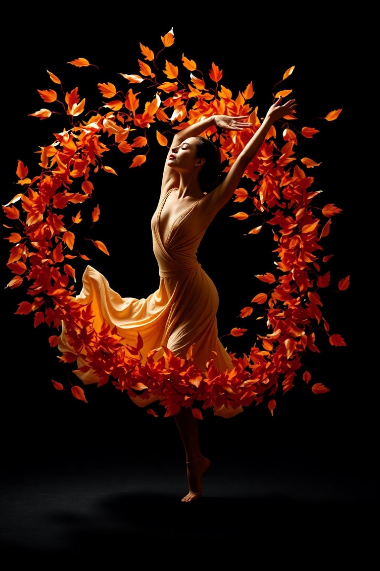 A captivating artistic portrayal of a dancer gracefully transitioning into a whirlwind of autumn leaves colors ,  symboliz...