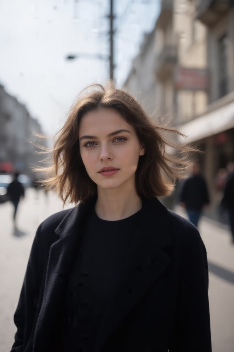 A realistic street portrait of a young woman on a breezy day,  hair gently moving in the wind,  natural daylight by ART IM...