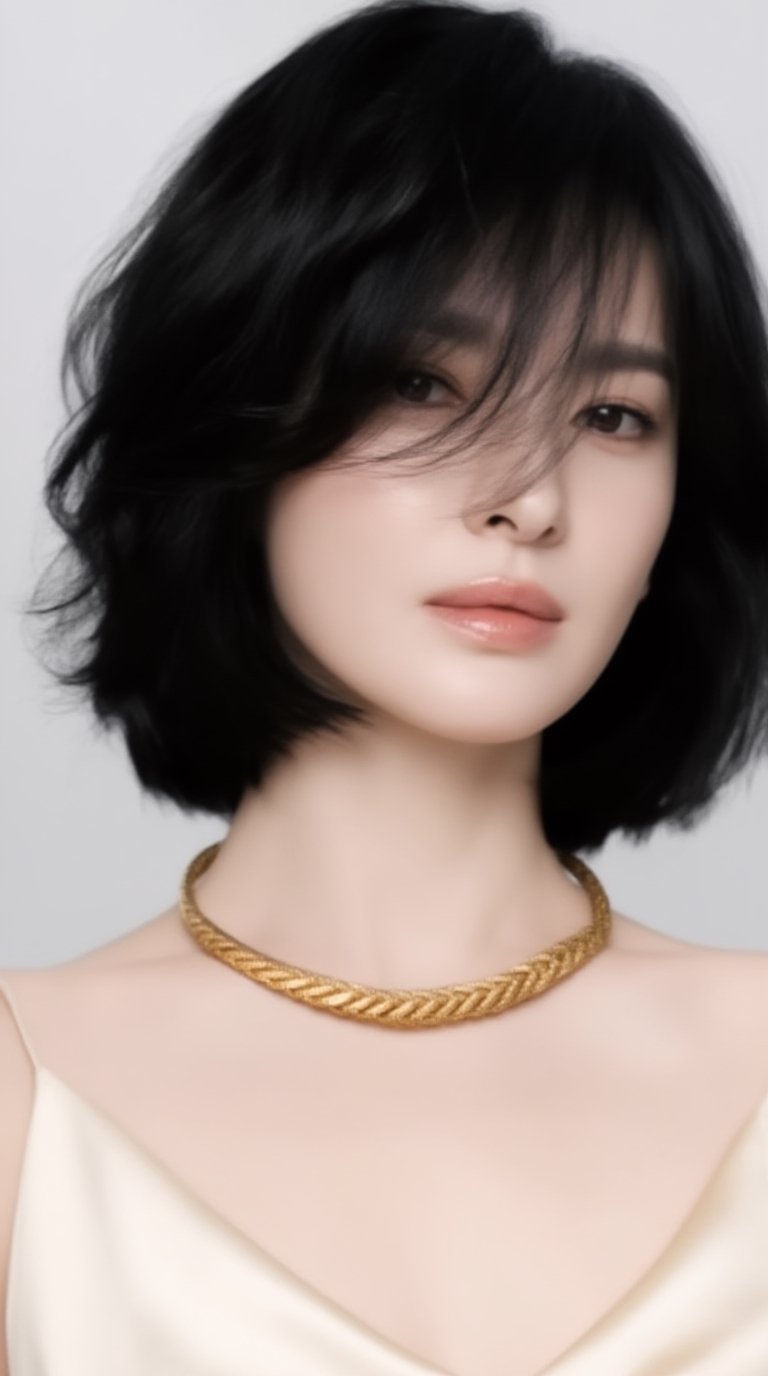 A luxury jewelry editorial close-up portrait of a refined 20yo woman with tousled short black hair,  softly textured and s...
