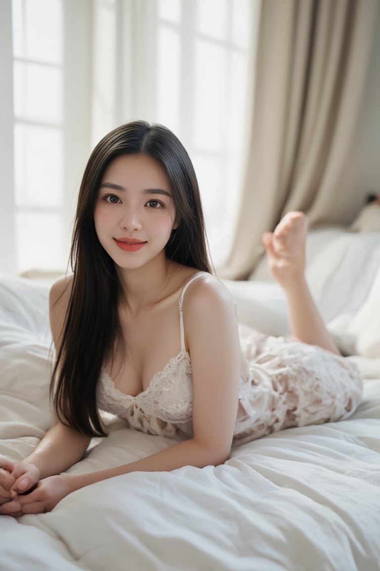 In a serene,  sunlit bedroom,  a young woman with long by ART IMAGINATION on Tensor.Art