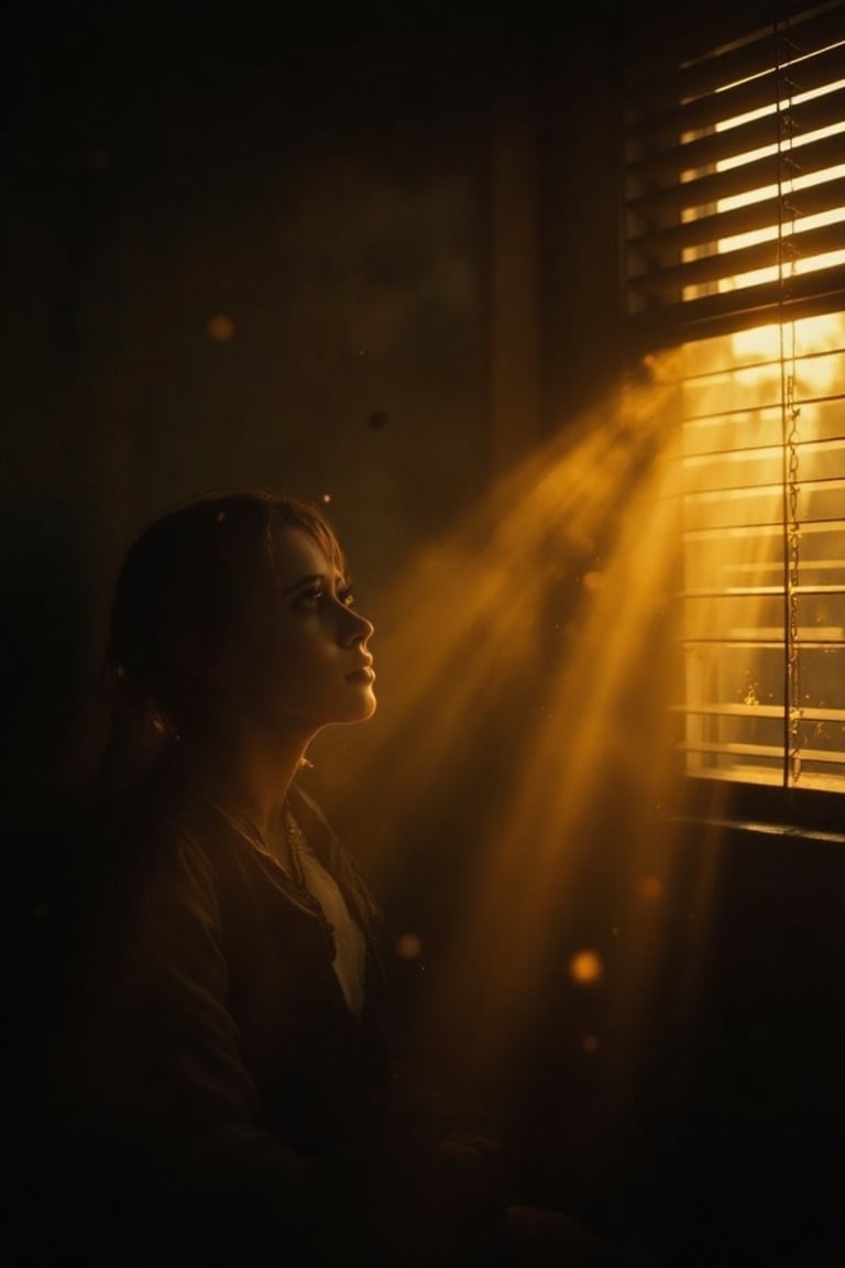 A moody cinematic shot of a dimly lit room where strong sunlight filters through Venetian blinds,  casting long,  parallel...
