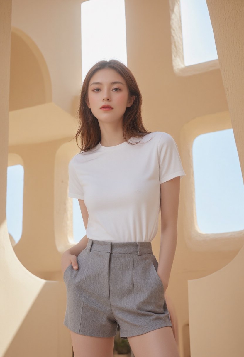 A high-fashion female model wearing a premium plain white t-shirt worn untucked over fitted high-waisted grey shorts,  pos...