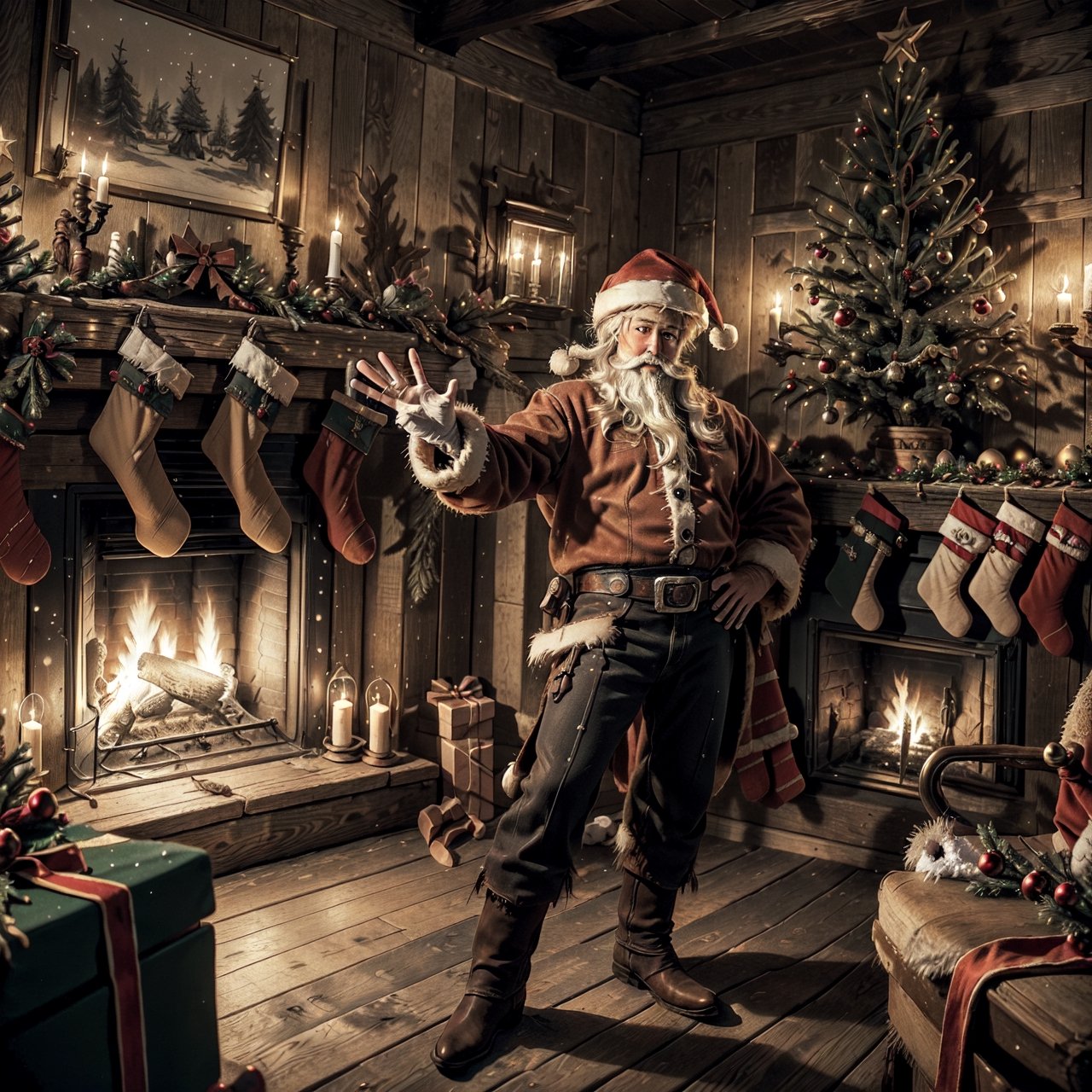 Best quality, high-res photo, cowboy style, (((decorate santa's house into cowboy saloon style))) enthusiastically, high detail, (((Western Cowboys‘ christmas Style))), (((wild west trinkets in background))), (((christmas tree))), fireplace, wild west vibe, 3d style, cowboy, action_pose, (((wide angle shot))), 