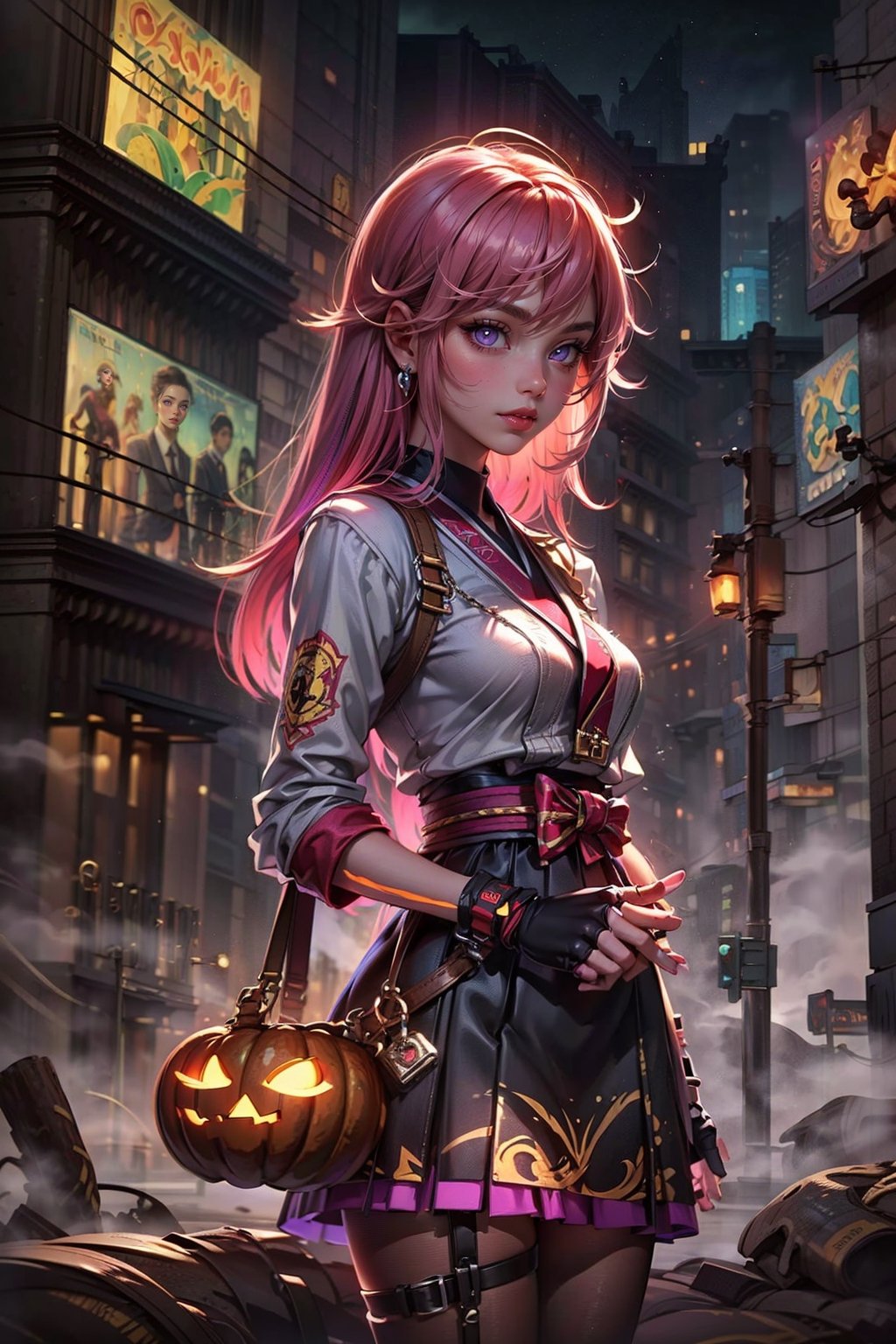 1girl, (masterpiece, top quality, best quality, beautiful and aesthetic), extremely detailed, hyper realistic, (Cinematic:0.4), (Dark and intense:1.2), cowboy shot, detailed face, (, long_hair, pink_hair, yellow_hair, bangs,),  (school uniform, miniskirt, pencil_skirt, fingerless gloves,), ((, pantyhose, garter_strap, )), ( purple eyes), foggy, eerie, haloween style,
,More Detail, gloves,perfect light, TechTensai, head and shoulder portrait, upper body portrait, night sky, japan traditional building, high heels boots, neon city,Exorcist