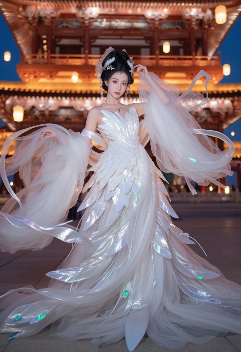 A woman portrays a celestial swan maiden wearing a fusion of various East Asian styles. Her garment is a cloud-like explos...