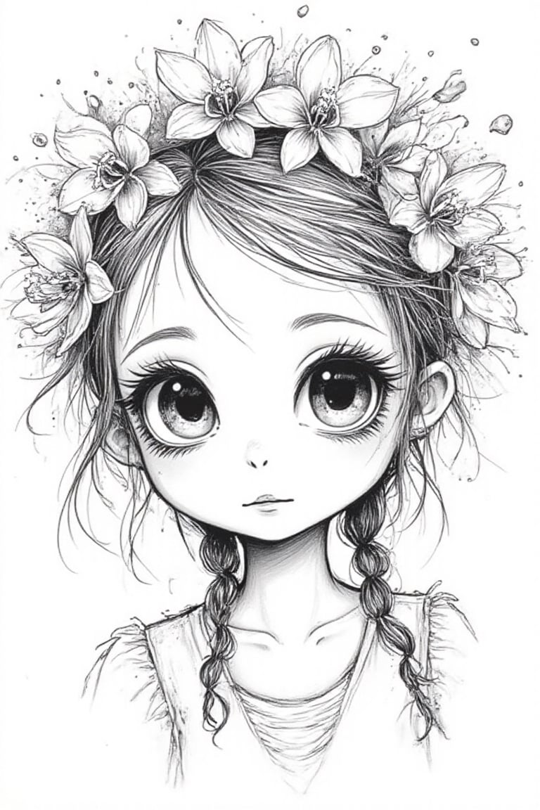 A delicate doodle-style illustration of a young girl with large expressive eyes and soft features,  her hair braided with...