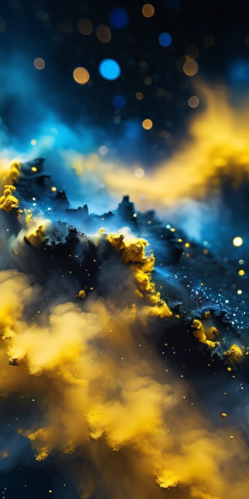 close up angal ((on the air)) , (( yellow Indigo black dust) , detailed focus, deep bokeh, beautiful, dreamy colors, black dark cosmic background. Visually delightful ,3D,more detail XL , ,more detail XL