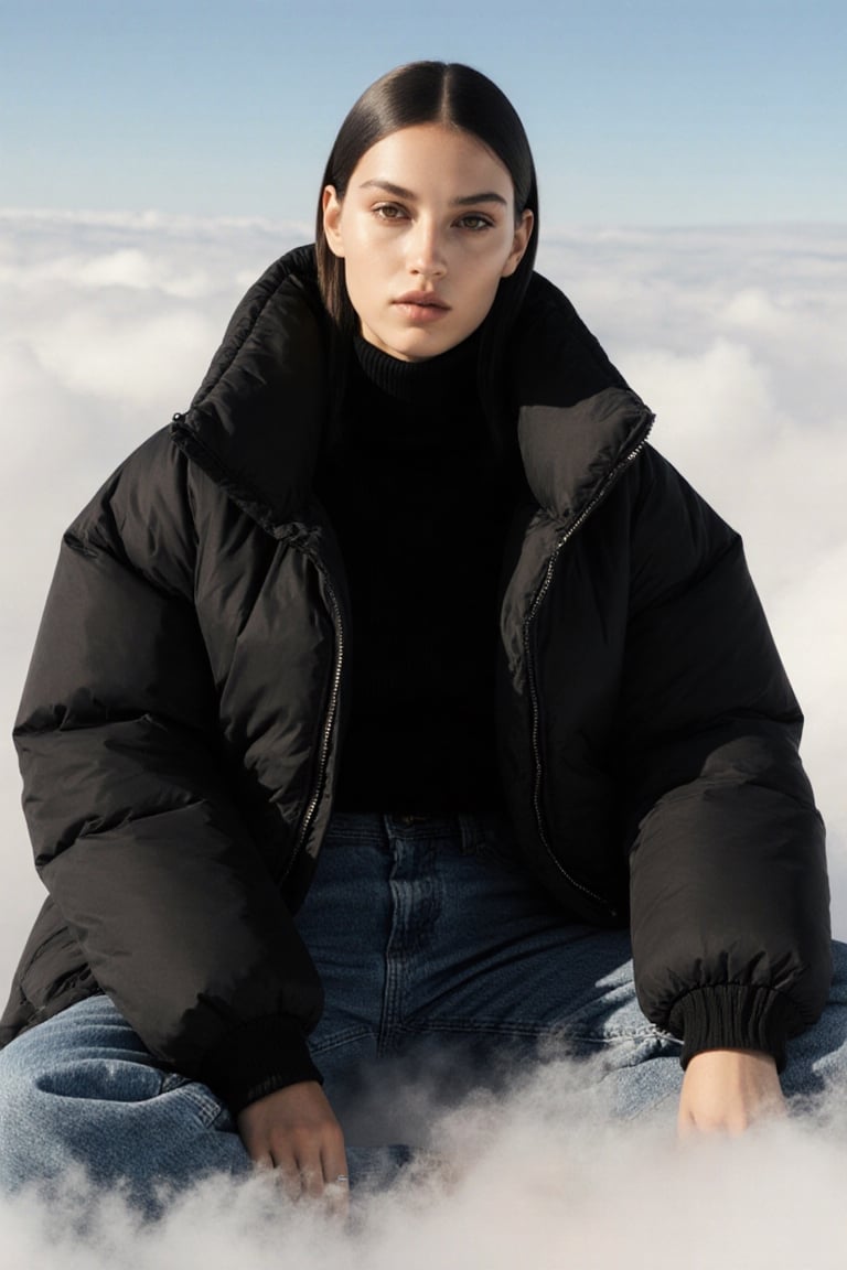 Editorial vogue shot,  a woman wearing a black oversized puffer jacket,  and black sleeves top inside by ART IMAGINATION o...