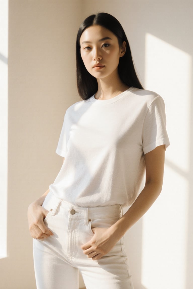 A beautiful female model wearing a premium plain white t-shirt and white jeans,  posing confidently in a bright minimalist...