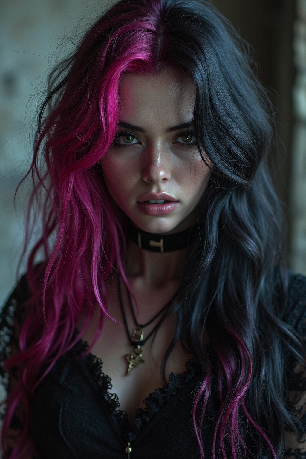 A dark and moody image of a sexy goth girl with striking two-tone hair. The frame focuses on her enigmatic face as she gaz...