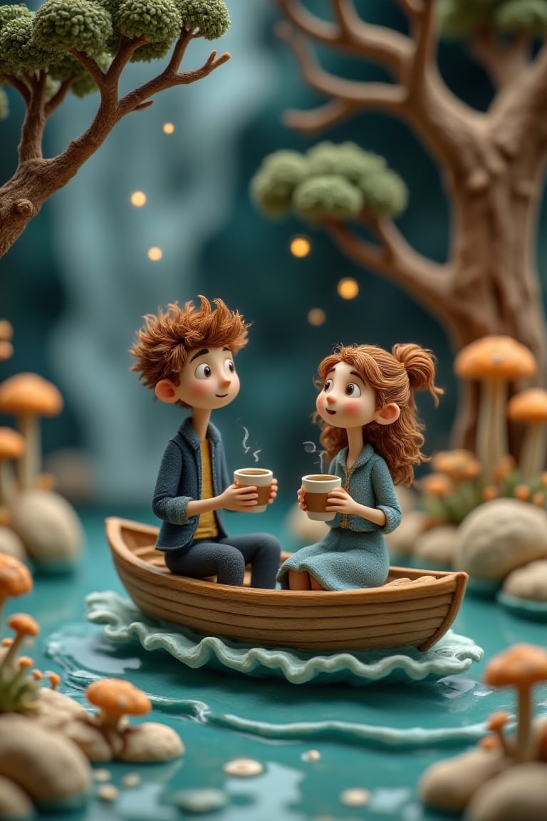 A whimsical scene featuring two animated young figures sitting on a gently rocking boat gliding through misty waters,  cha...