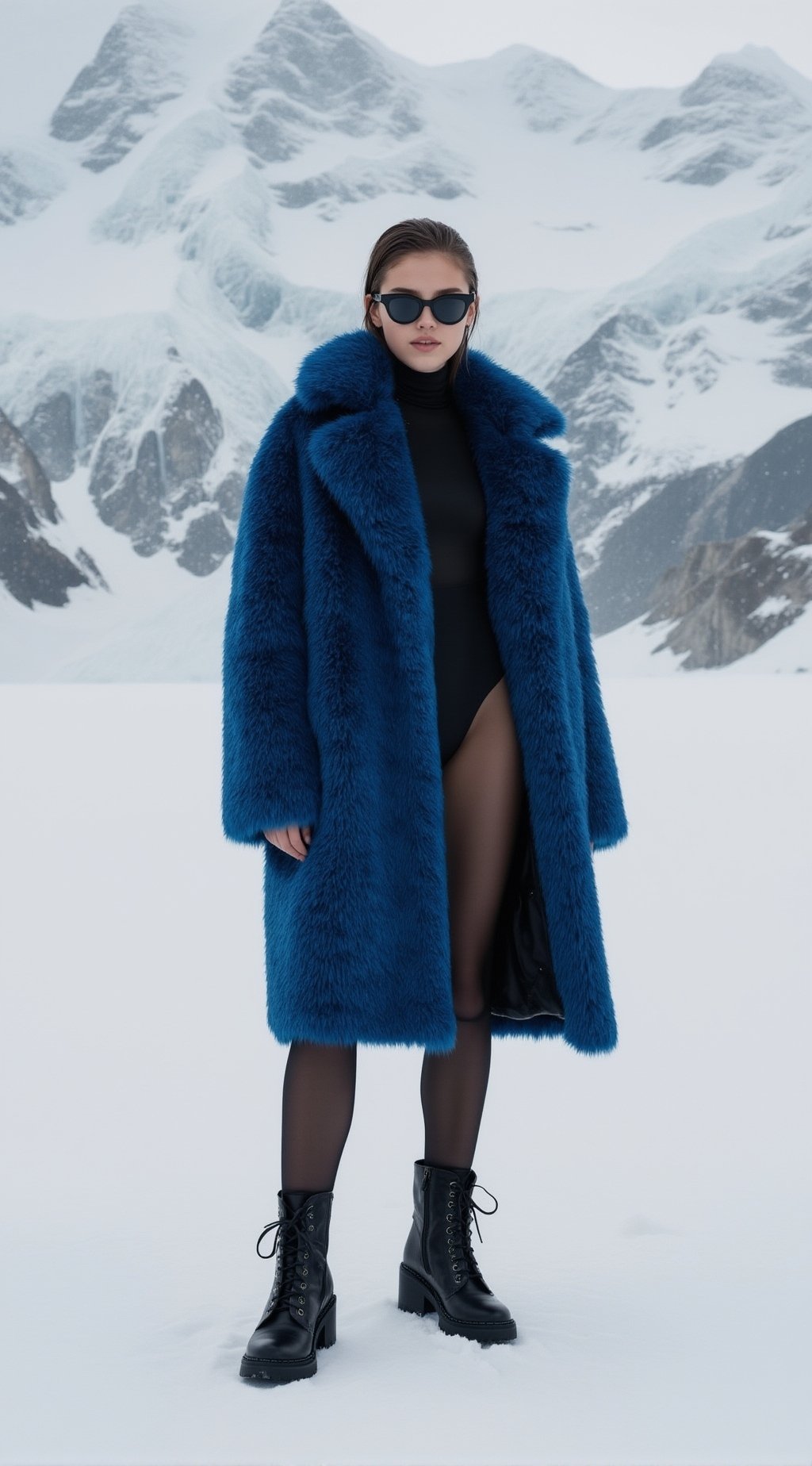 a high-fashion editorial portrait set in a vast snowy alpine landscape; a confident young woman stands against icy mountai...