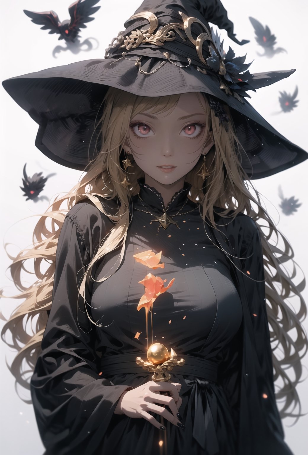 Red eyes, evil, golden, shiny, gold hair,High detailed ,midjourney,perfecteyes,Color magic,urban techwear,hmochako,better witch,witch, witch,Long hair,free style,horror (theme)