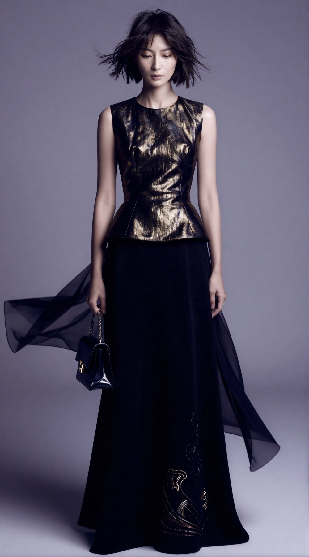 editorial fashion full-body portrait of a 20yo woman standing front-facing,  slight downward gaze,  calm by ART IMAGINATIO...