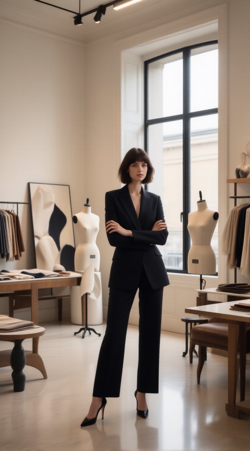 A full-body high-fashion editorial portrait of a young woman standing in an elegant fashion house interior,  framed head t...