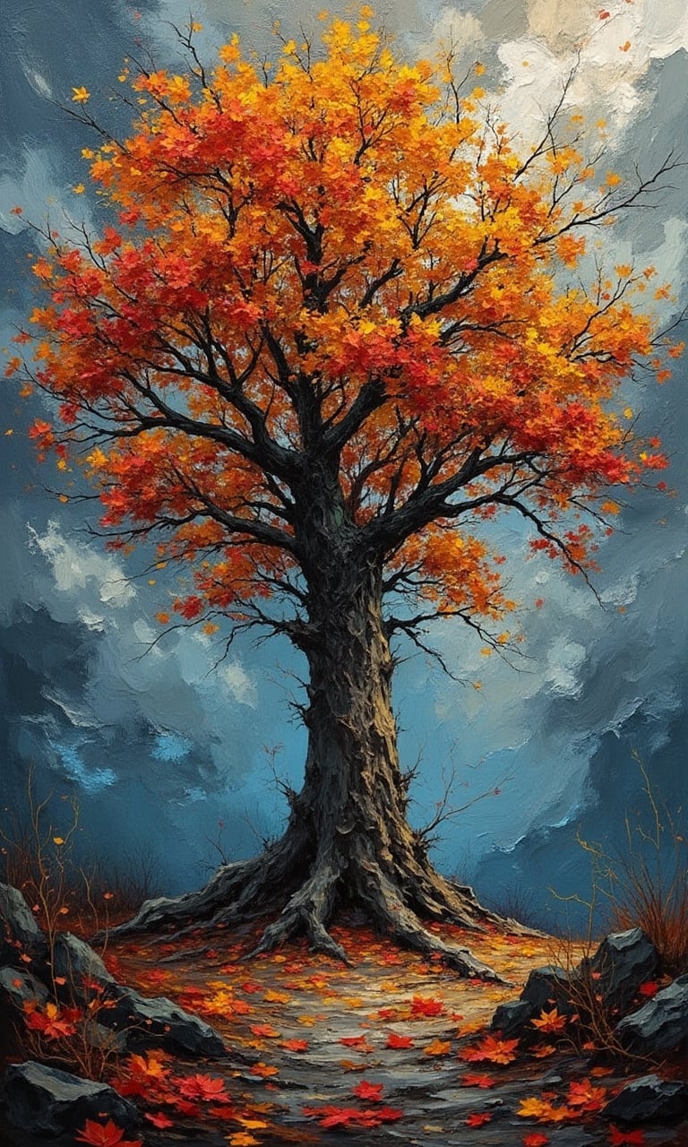 An old majestic tree with colorful autumn leaves in a stormy autumn day,  the image is drawn in a bold impasto painting st...