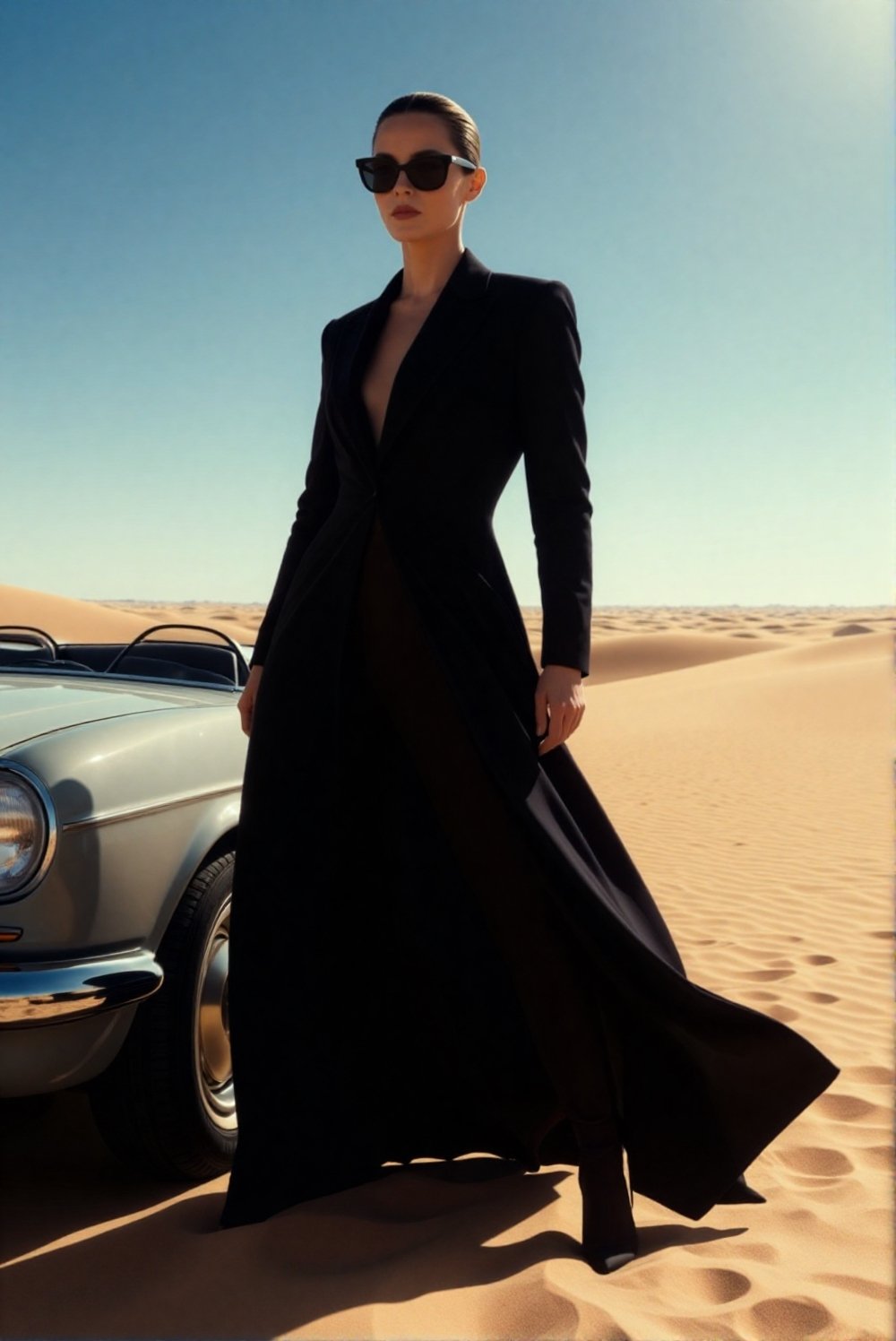 A cinematic desert road scene featuring a confident adult woman standing beside a parked convertible. Endless sand and ope...