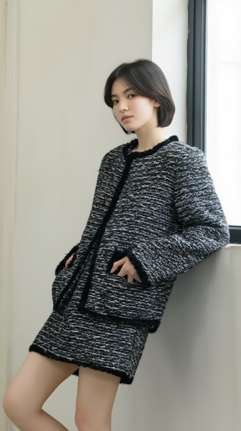 Candid editorial fashion photograph of a 20yo runway woman with short hair,  slightly leaning against a wall with relaxed...