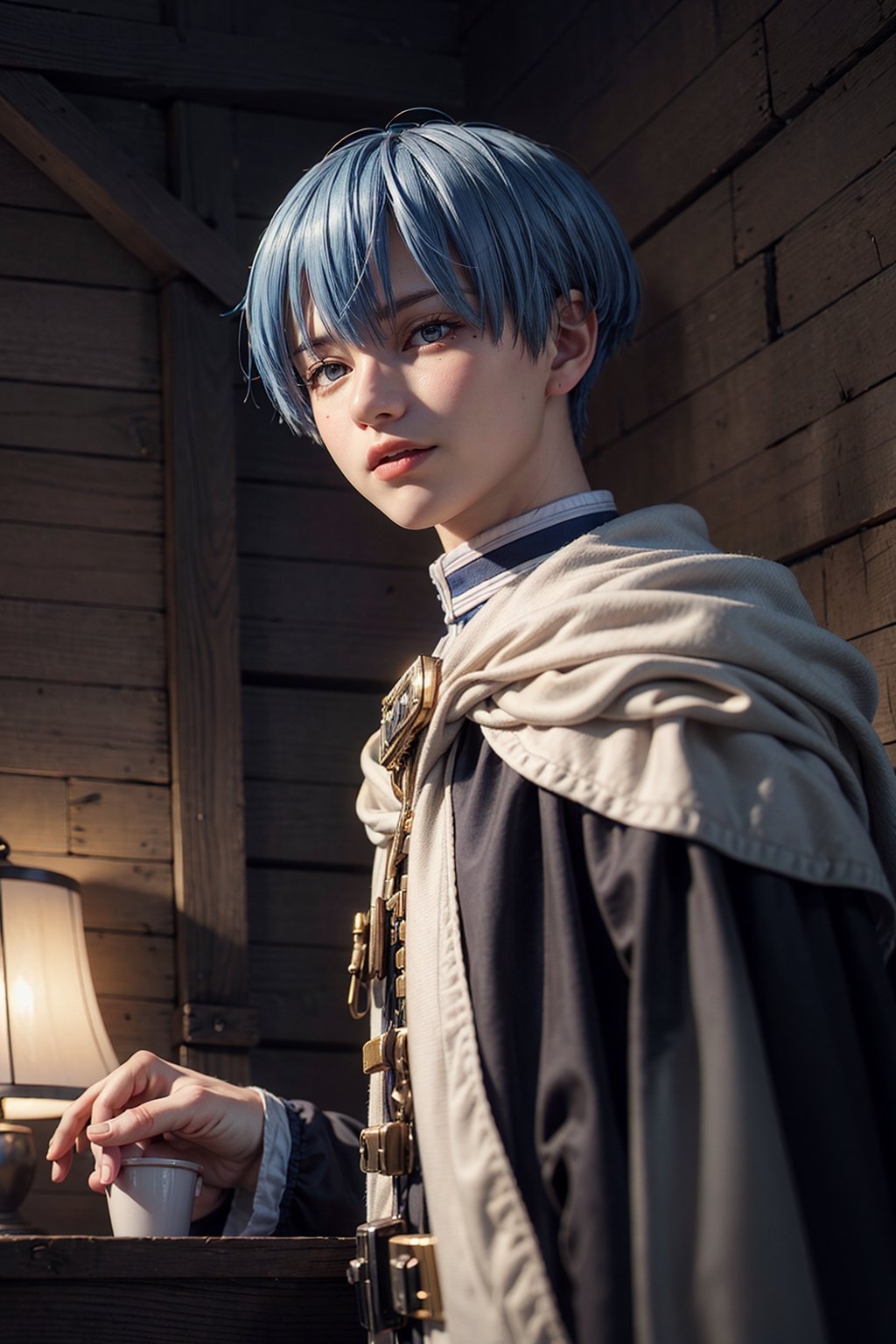 Highly detailed, High Quality, Masterpiece, beautiful,(medium long shot), game cg, 1boy, solo, male focus, looking at viewer, , , anime coloring, , himmel from sousou no frieren, himmel_sousou_no_frieren, blue hair, blue eyes, medieval costume, science fiction steam punk, 2k resolution