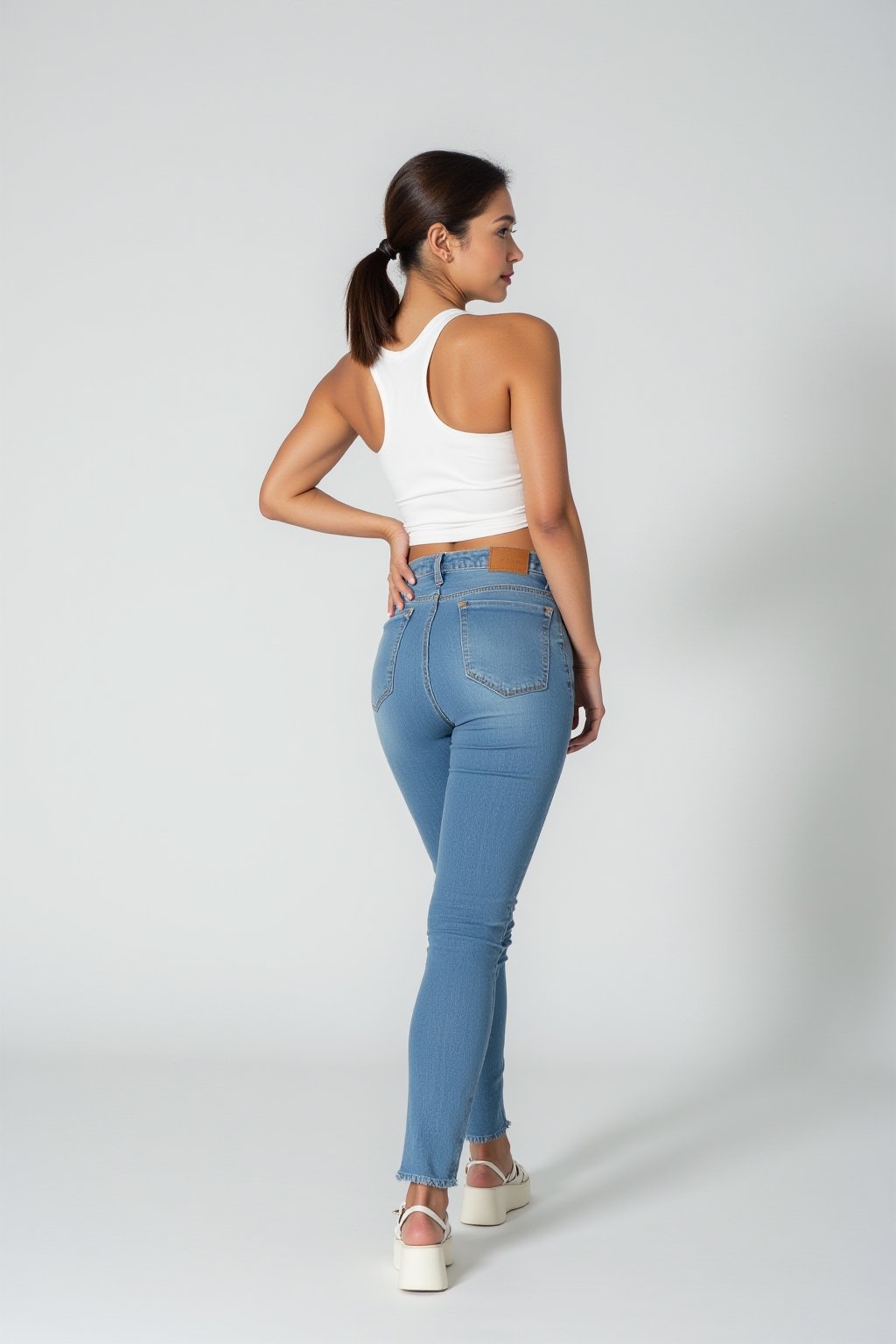 a woman stands in a stark white backdrop. She is dressed in a white tank top,  a pair of light blue jeans,  and white sand...