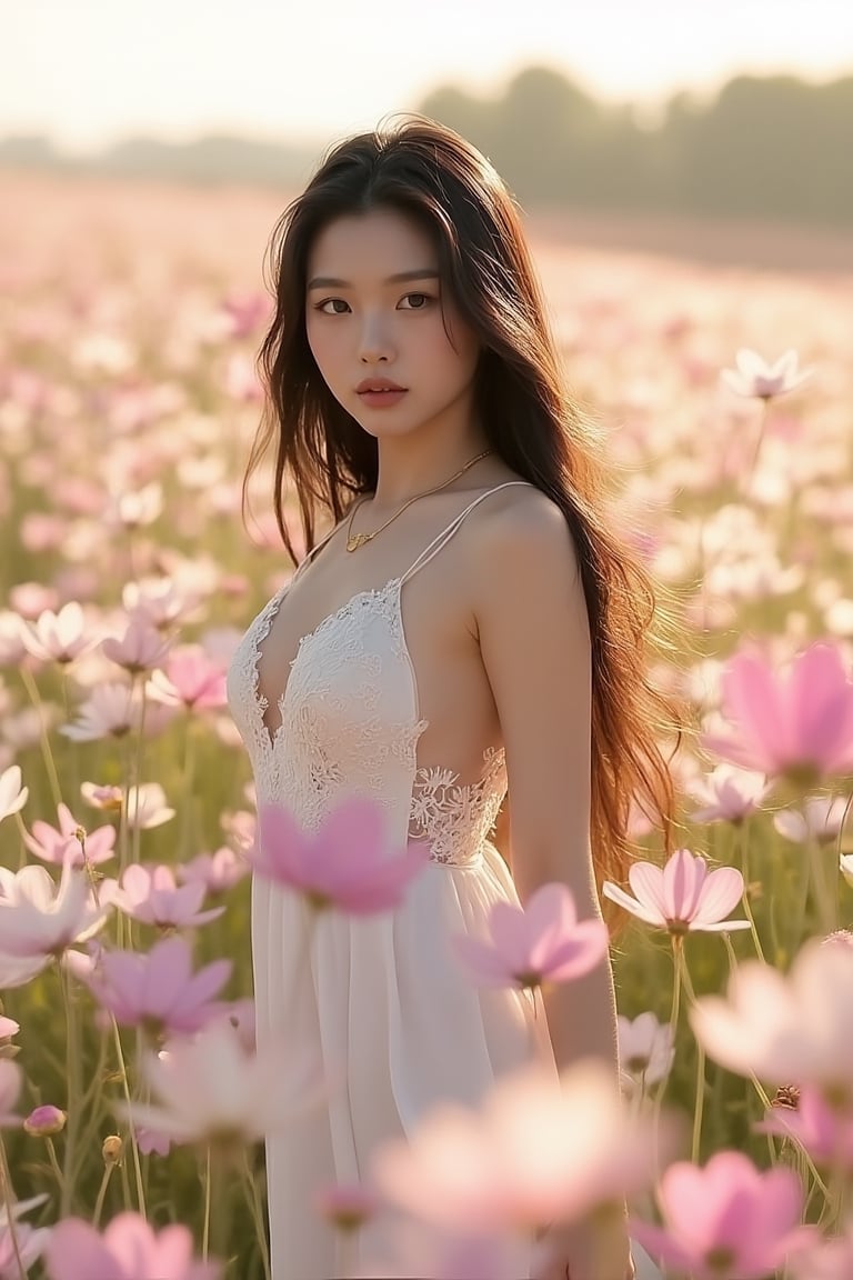 A young thai woman standing gracefully in a vibrant field of blooming cosmos flowers,  surrounded by delicate petals in sh...