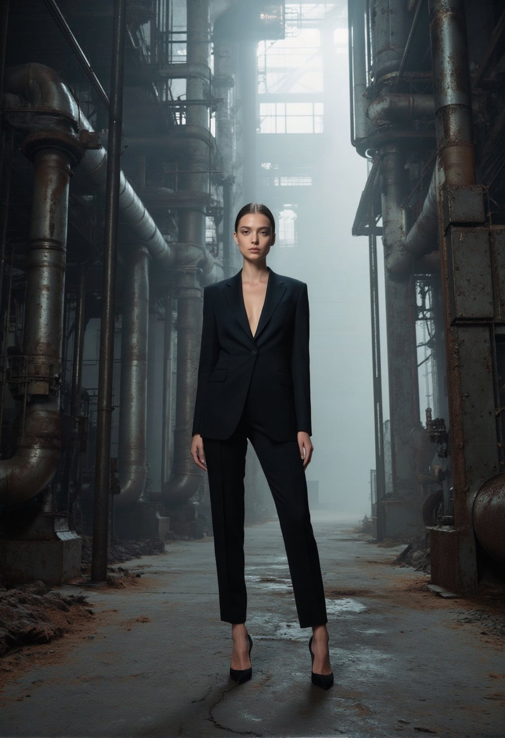 A head-to-toe cinematic fashion portrait of a young woman standing alone inside a massive industrial power plant interior....