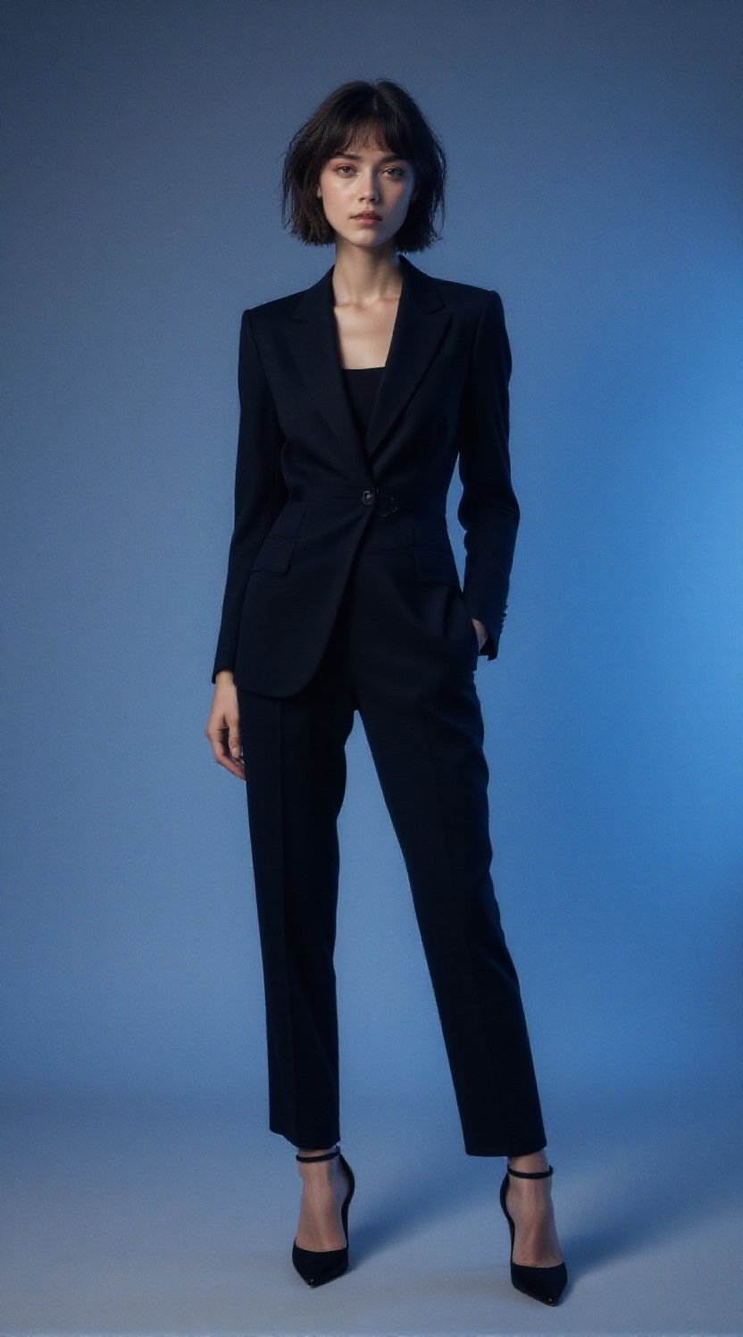 A full-body modern fashion portrait of a young woman standing confidently,  framed head-to-toe with clear visibility of he...
