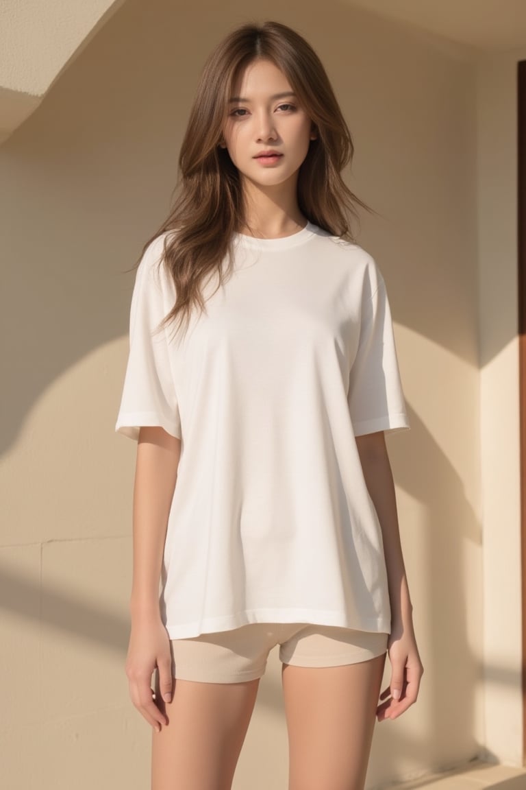 A high-fashion female model wearing a premium plain white t-shirt fully untucked,  the length reaching mid-thigh level,  p...