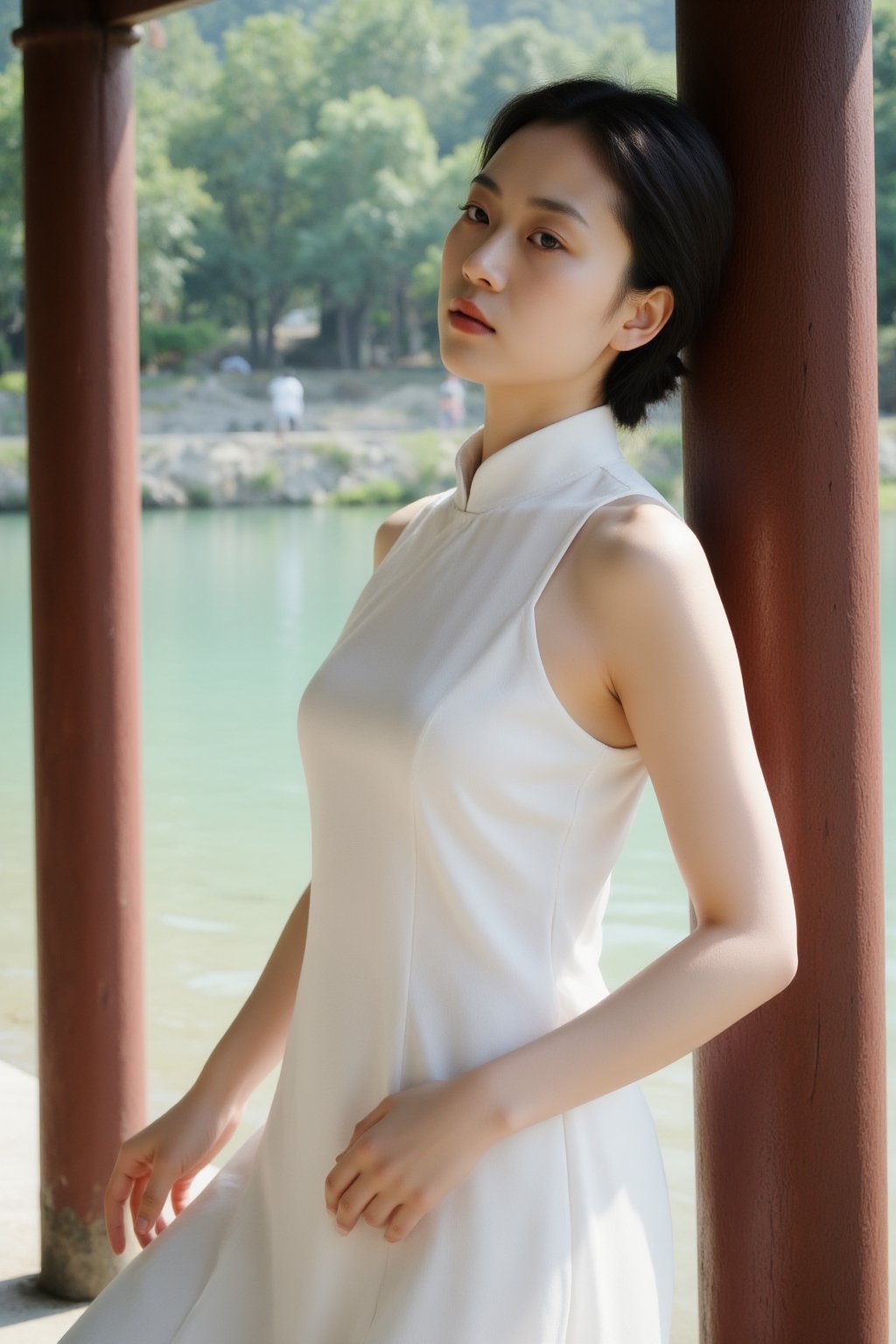 A scholarly lady in a fitted qipao with frog buttons,  leaning against a wooden pillar in a pavilion. The dress contours h...