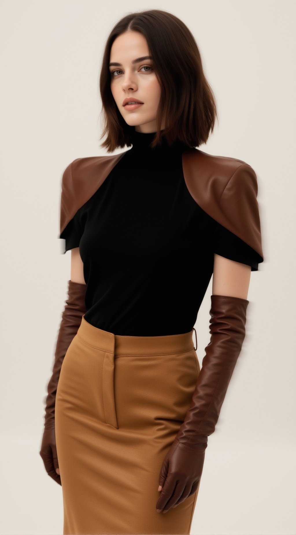 A high-fashion editorial portrait of a brunette woman with shoulder-length bob hair,  sleek and softly textured. She has s...