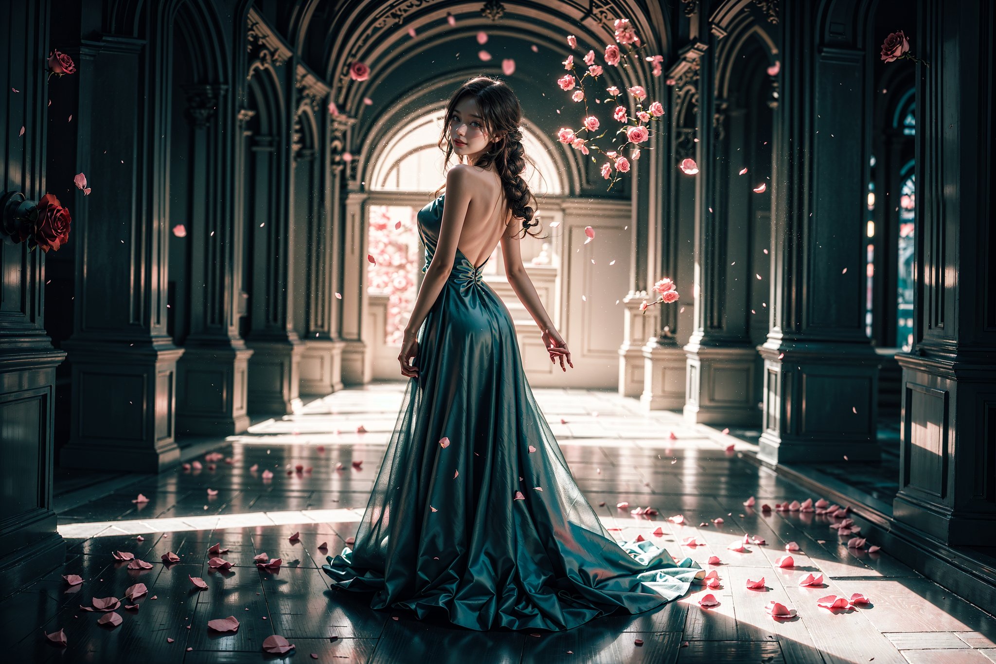 Xxmix_girl, a woman wearing a long elegant dress that covers the floor, she has long braided hair and green eyes, (large breast), ((twirling dress)), (smile:1), looking back at viewer, back, walking down an asymmetrical carpet, sun rays, white and teal tones, futuristic huge palace hallway, (fantasy clothing), throne, light is beaming down to her, (cinematic lighting), (((pink rose petals falling))), glitter, ray tracing, green, heavy contrast, RAW photo, (detailed face), (aesthetically pleasing), soothing tones, unique, intricate designs, (ultra detailed:1.4),