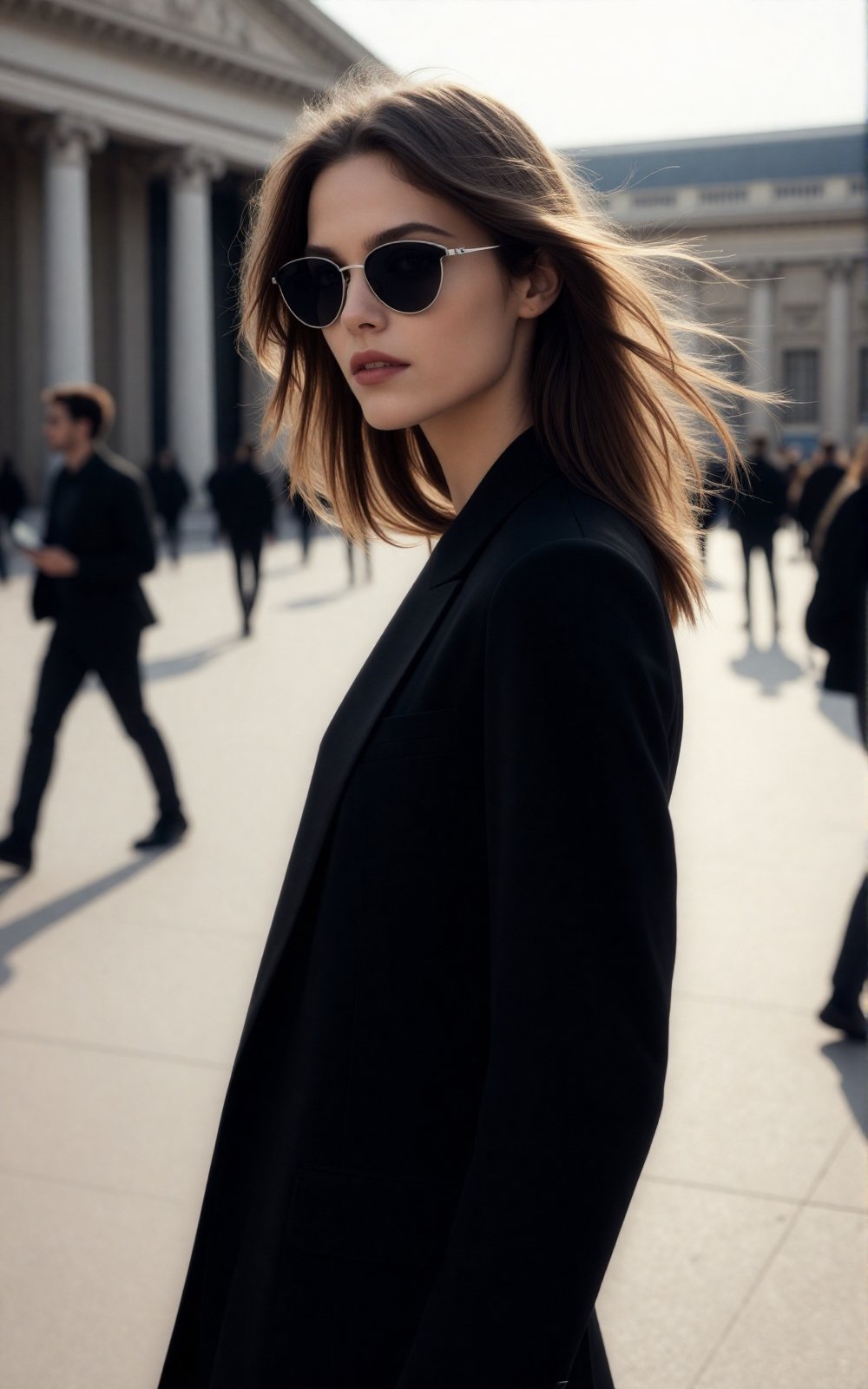 A contemporary street-fashion editorial portrait of a confident young woman standing at the center of a wide museum plaza....