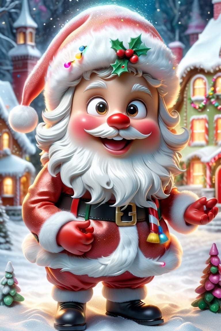 Santa's face, capturing every nuanced detail in extreme close-up. It illustrates Santa's weathered features, from the wrinkles around his cheerful eyes to the cascading snow-white beard. Highlight the pink blush on her cheeks and the warmth of her gaze, skating on ice, snowy background, a lot of nine, showing the iconic red hat placed on her head. Stunning illustration of a dancing Santa Claus in a rainbow dress of liquid colors flowing down, lots of snow on a Christmas street, retro city, gingerbread houses, splashes of liquid color, masterpiece, intricate details, highly detailed, high resolution . Use meticulous attention to detail, employing styles reminiscent of Kenzo, Yamamoto, and filmmaker cinematic aesthetics to reveal authenticity and character in Santa's expression. Use lighting techniques to accentuate textures, emphasizing the charm and timeless appeal of Santa's face in this intimate painting, image of Santa Claus and his elves decorating their home before the upcoming holidays. Add lots of bright garlands, cheerful balls, glittery ribbons and other festive decorations. Show a joyful and cheerful moment when the whole house is filled with the magic of Christmas!