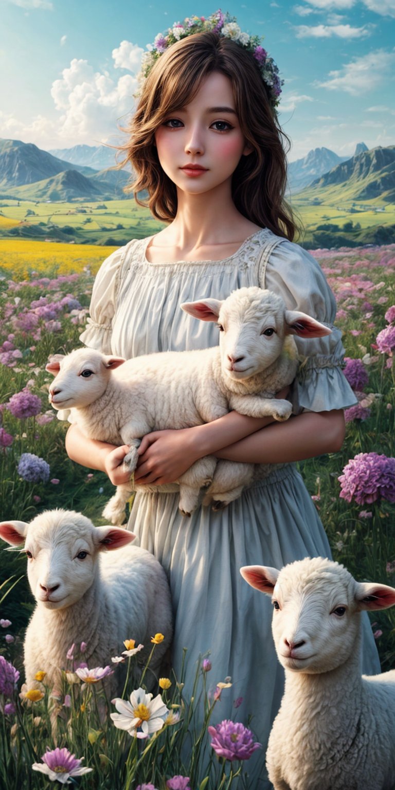 1 girl, in flower field, holding cute white lamb ,detailed lamb , detailed face, ,fantasy_world, masterpiece,  windy