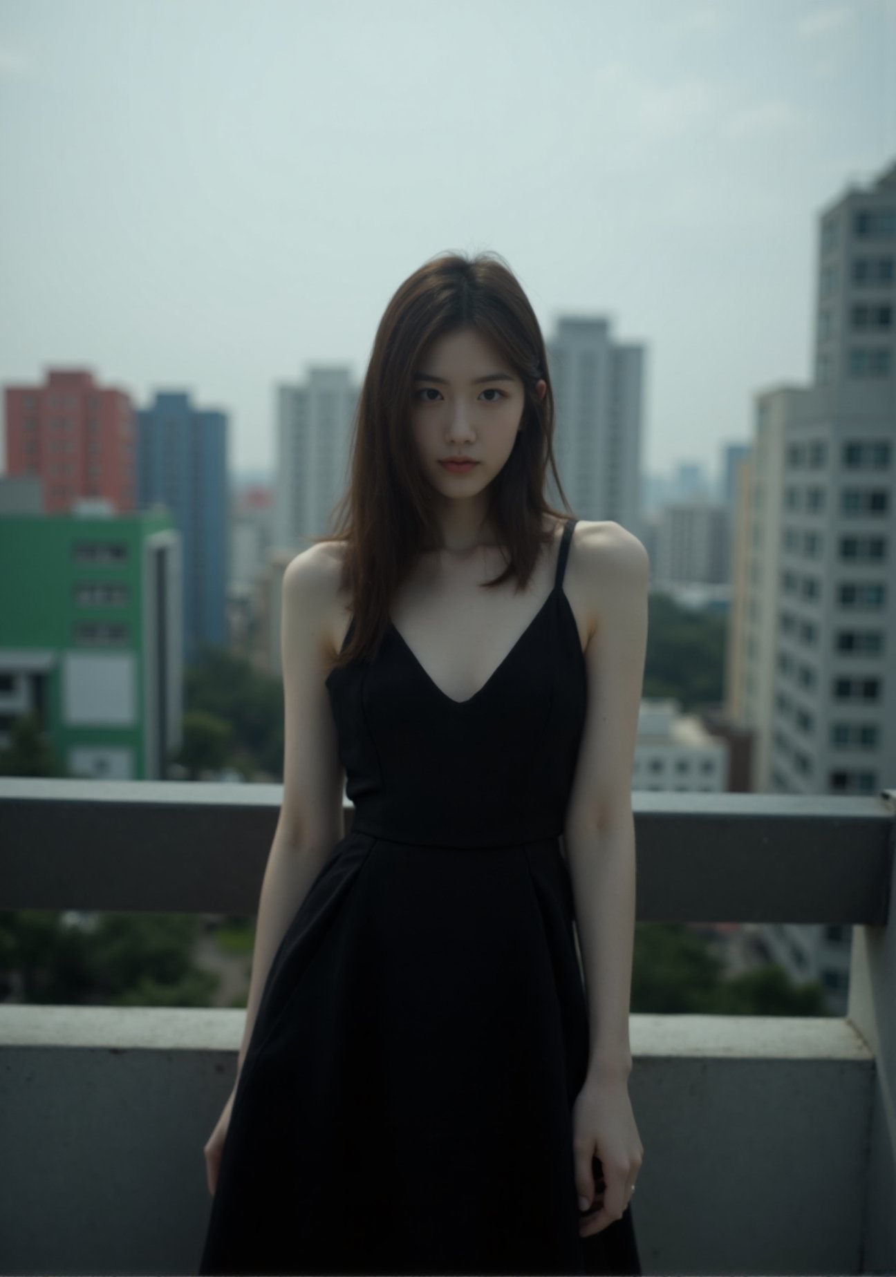 A cinematic scene featuring a young Asian woman with shoulder-length hair,  wearing a sleeveless black dress,  standing co...