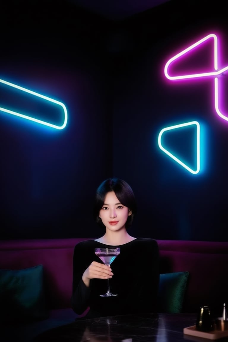 dim neon-lit cafe private luxurious room interior,  upper-body portrait of a beautiful young woman with short hair,  face...