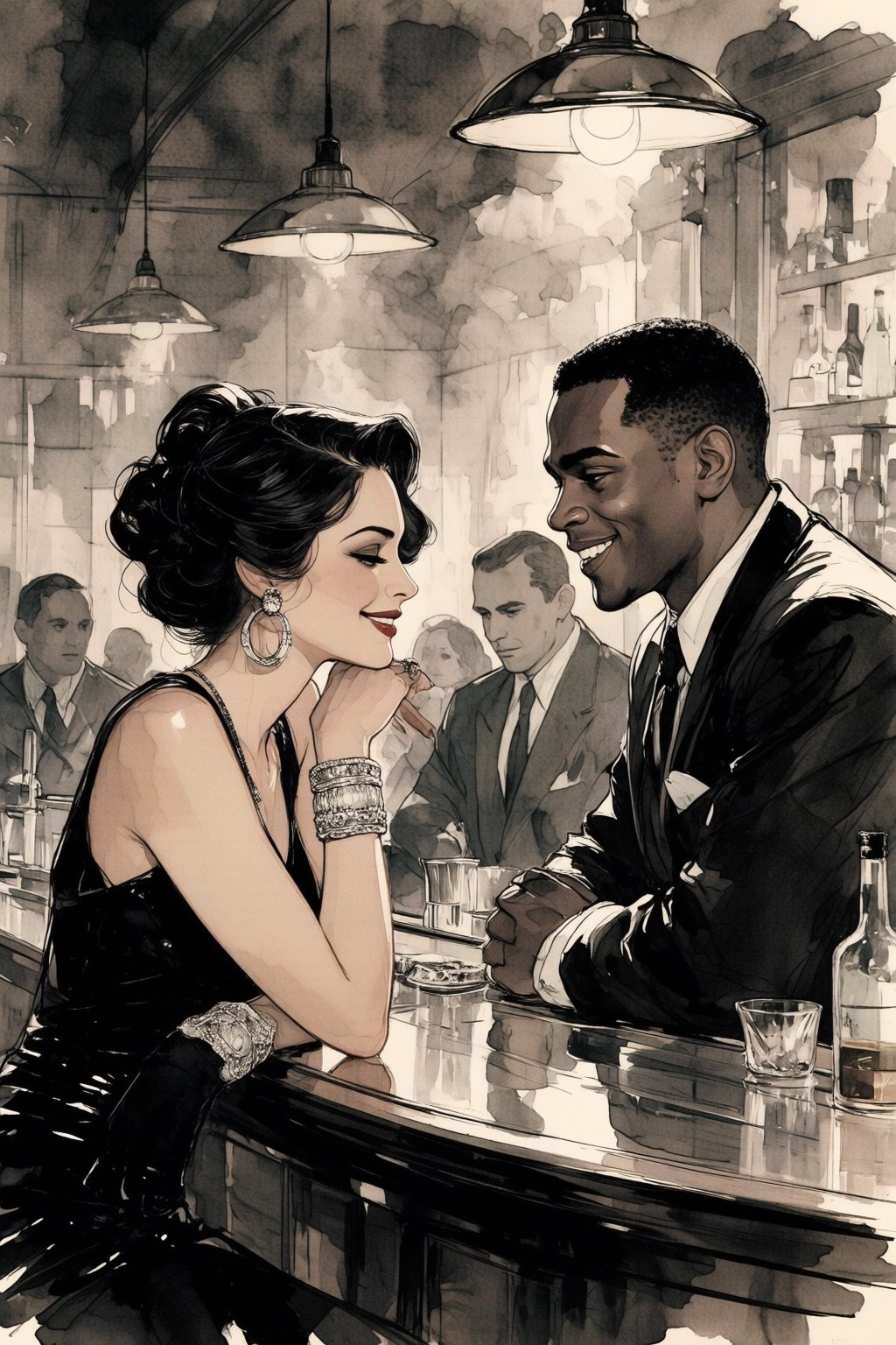 nijiwatercolor1q watercolor illustration. Black-and-white film still capturing an intimate conversation between a man and...