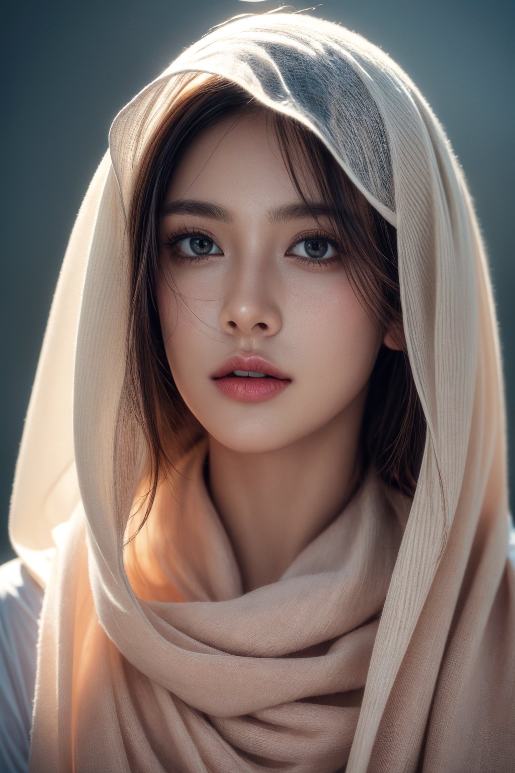 a photorealistic portrait of a stunningly beautiful woman without make-up, extremely detailed light hazel eyes, detailed symmetric realistic face, natural skin texture, extremely detailed skin with skin pores, peach fuzz, messy hair, wearing shawl over her head, masterpiece, absurdres, award winning photo by lee jeffries, nikon d850 film stock photograph, kodak portra 400 camera f1.6 lens, extremely detailed, amazing, fine detail, rich colors, hyper realistic lifelike texture, dramatic lighting, unrealengine, trending on artstation, cinestill 800 tungsten, looking at the viewer, photo realistic, RAW photo, TanvirTamim, high quality, highres, sharp focus, extremely detailed, cinematic lighting, 8k uhd