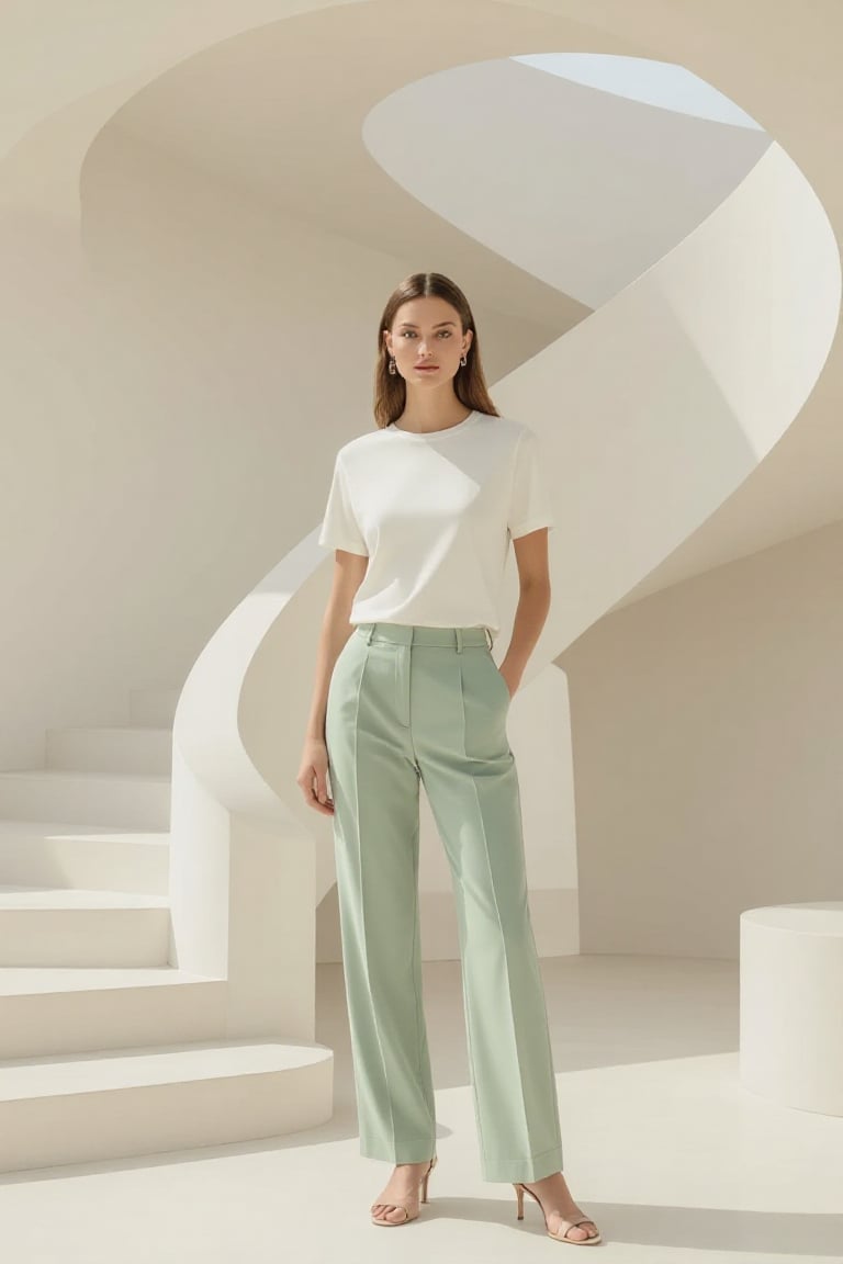 High-fashion female model in a refined Scandinavian luxury aesthetic. She wears a premium cream straight-cut short-sleeve...