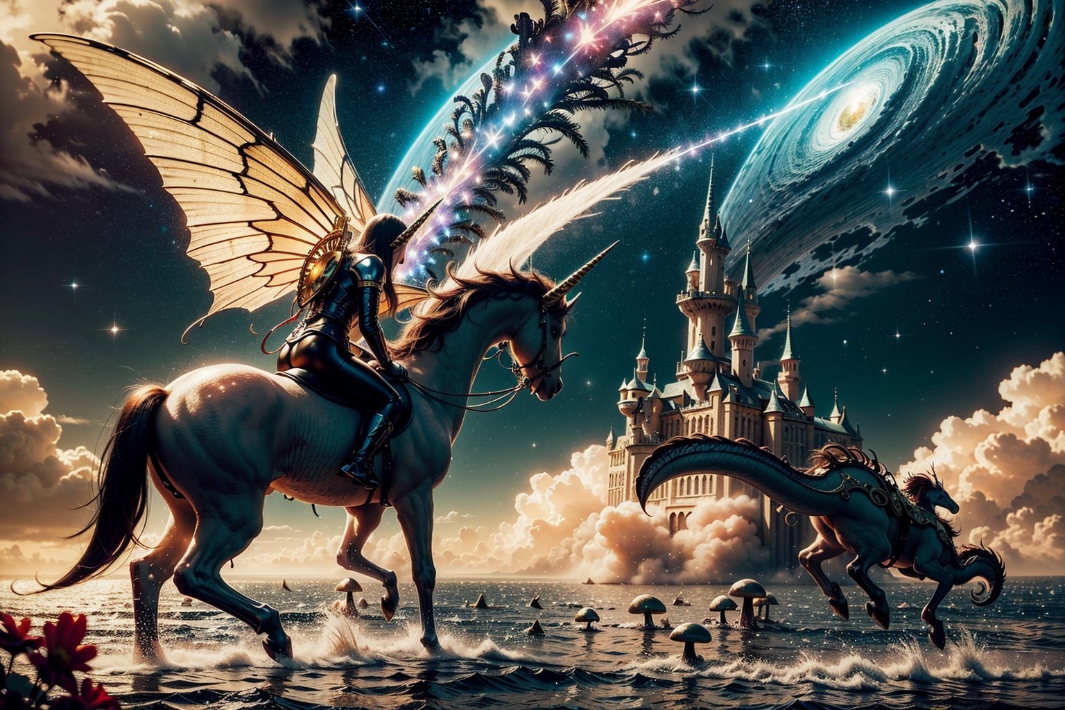 photorealistic photography in high definition, of a mystical fantasy scene, unicorn with dragon wings in a front position and with its wings extended, floating in a space of construction of flowers and mushrooms with butterflies and in a mystical and indomitable position, behind it must There is a giant luxurious golden mega castle in the shape of dragon wings, with flowers and butterflies, and a magical lake surrounded by mushrooms, and a unicorn, inspired by Alice in Wonderland, as if it were a fairy tale, with Interstellar space visible in the sky with golden luminous flashes and shooting stars and castle elevated above the clouds, a mystical and enigmatic scene